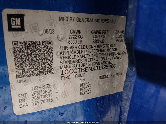 Продаж на аукціоні авто 2018 Chevrolet Colorado Wt, vin: 1GCGTBENXJ1325966, номер лоту: 45097650