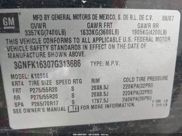 45097657 :رقم المزاد ، 3GNFK16307G313686 vin ، 2007 Chevrolet Suburban 1500 Lt مزاد بيع