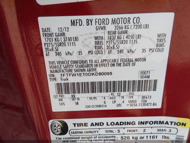 45097662 :رقم المزاد ، 1FTFW1ET0DKD80095 vin ، 2013 Ford F-150 Fx4 مزاد بيع
