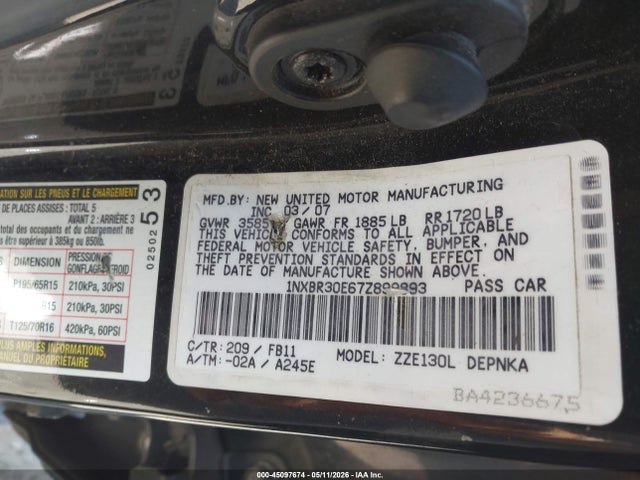 Продаж на аукціоні авто 2007 Toyota Corolla Le, vin: 1NXBR30E67Z899893, номер лоту: 45097674