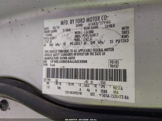 45097675 :رقم المزاد ، 1FMEU5BE6AUA53596 vin ، 2010 Ford Explorer Sport Trac Xlt مزاد بيع