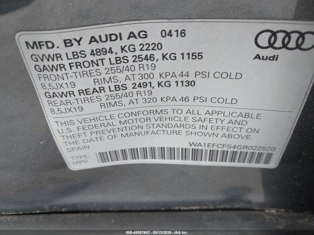 2016 Audi Q3 2.0t Premium Plus მანქანა იყიდება აუქციონზე, vin: WA1EFCFS4GR022520, აუქციონის ნომერი: 45097682
