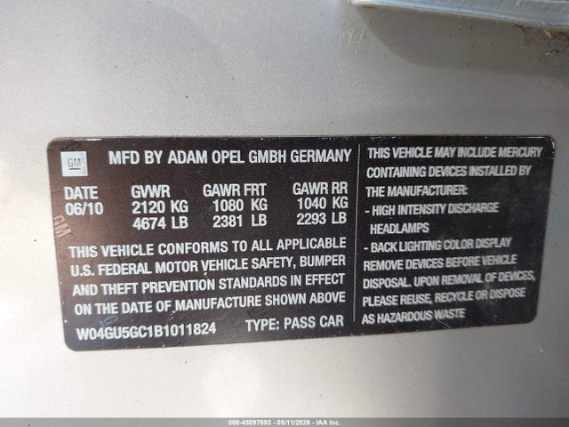 Aukcja sprzedaży 2011 Buick Regal Cxl Russelsheim, vin: W04GU5GC1B1011824, numer aukcji: 45097692