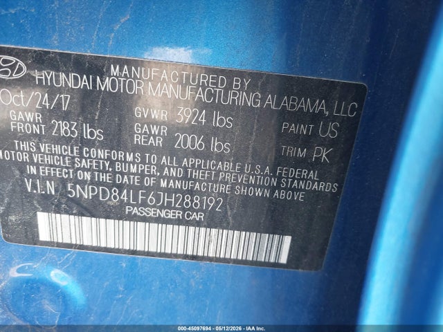 45097694 :رقم المزاد ، 5NPD84LF6JH288192 vin ، 2018 Hyundai Elantra Sel مزاد بيع