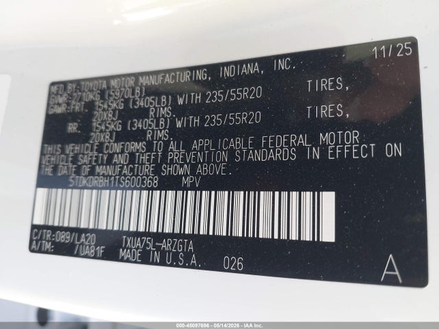 2026 Toyota Highlander Platinum მანქანა იყიდება აუქციონზე, vin: 5TDKDRBH1TS600368, აუქციონის ნომერი: 45097696