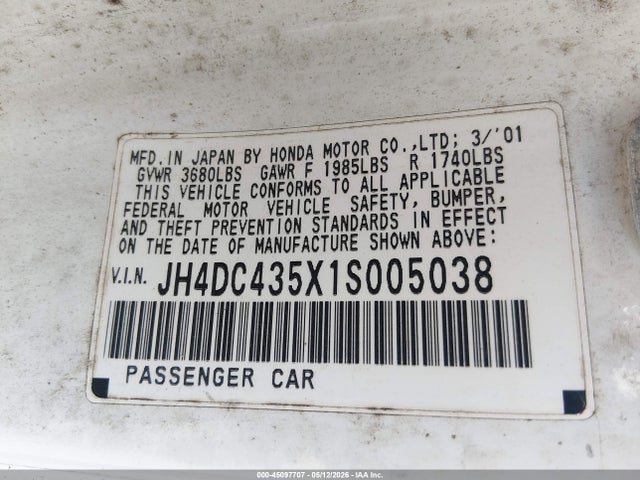 Aukcja sprzedaży 2001 Acura Integra Ls, vin: JH4DC435X1S005038, numer aukcji: 45097707