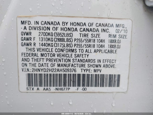 Aukcja sprzedaży 2010 Acura Mdx, vin: 2HNYD2H22AH509376, numer aukcji: 45097712