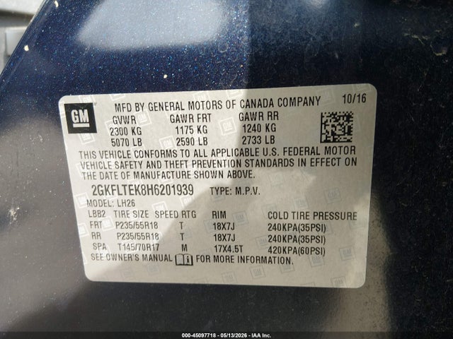 Aukcja sprzedaży 2017 Gmc Terrain Sle-2, vin: 2GKFLTEK8H6201939, numer aukcji: 45097718