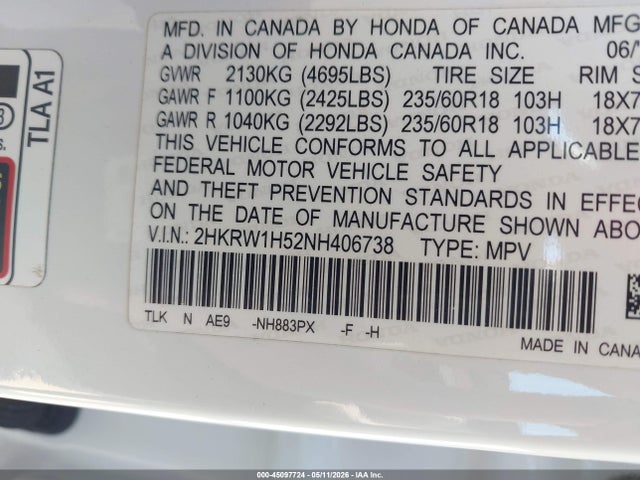 Продаж на аукціоні авто 2022 Honda Cr-v 2wd Ex, vin: 2HKRW1H52NH406738, номер лоту: 45097724