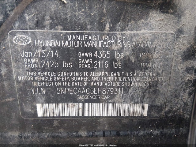 Продажа на аукционе авто 2014 Hyundai Sonata Se, vin: 5NPEC4AC5EH879311, номер лота: 45097727
