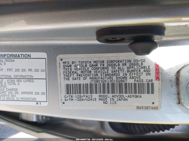 Aukcja sprzedaży 2003 Toyota Camry Xle, vin: JTDBE32K130152867, numer aukcji: 45097736
