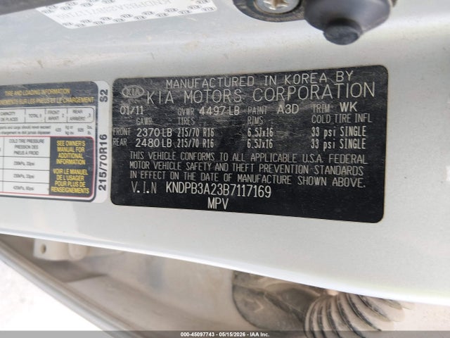 45097743 :رقم المزاد ، KNDPB3A23B7117169 vin ، 2011 Kia Sportage Lx مزاد بيع