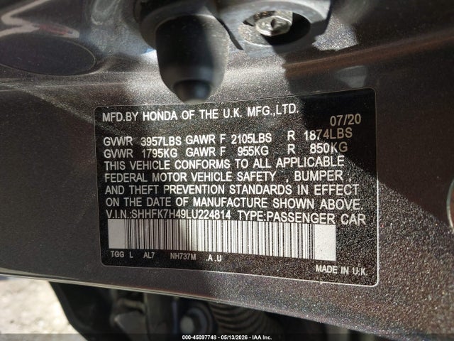 45097748 :رقم المزاد ، SHHFK7H49LU224814 vin ، 2020 Honda Civic Sport مزاد بيع