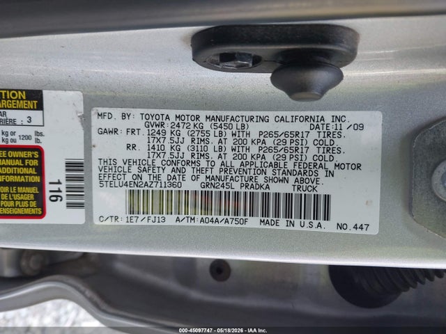 2010 Toyota Tacoma Base V6 მანქანა იყიდება აუქციონზე, vin: 5TELU4EN2AZ711360, აუქციონის ნომერი: 45097747
