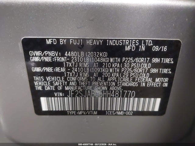 45097749 :رقم المزاد ، JF2SJABC5HH481770 vin ، 2017 Subaru Forester 2.5i مزاد بيع