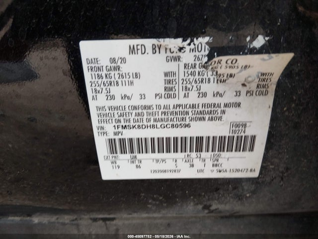 45097752 :رقم المزاد ، 1FMSK8DH8LGC80596 vin ، 2020 Ford Explorer Xlt مزاد بيع
