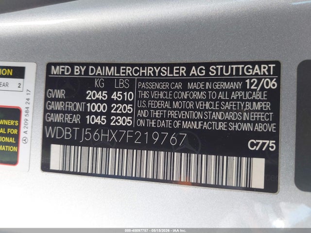 Продажа на аукционе авто 2007 Mercedes-benz Clk 350, vin: WDBTJ56HX7F219767, номер лота: 45097757