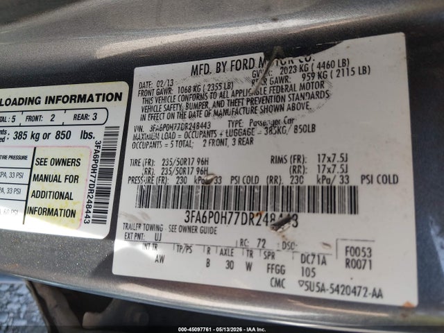 Продажа на аукционе авто 2013 Ford Fusion Se, vin: 3FA6P0H77DR248443, номер лота: 45097761