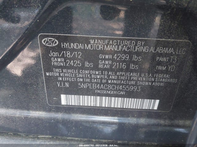45097763 :رقم المزاد ، 5NPEB4AC8CH455993 vin ، 2012 Hyundai Sonata Gls مزاد بيع
