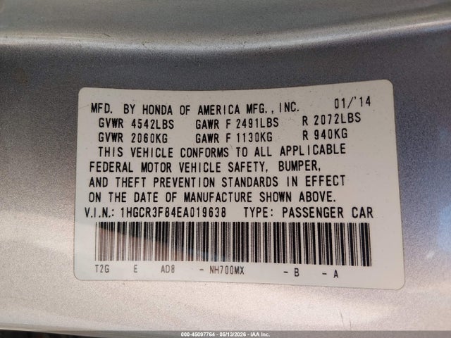 Honda Accord Ex-l V-6 2014 1HGCR3F84EA019638 Image 9