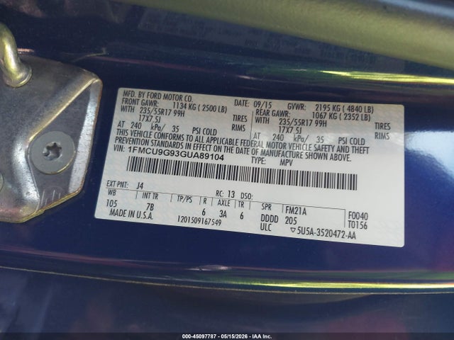 45097787 :رقم المزاد ، 1FMCU9G93GUA89104 vin ، 2016 Ford Escape Se مزاد بيع