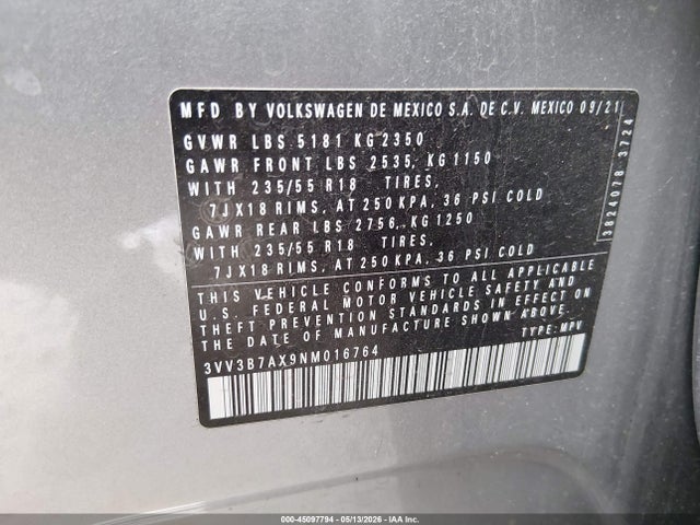 Aukcja sprzedaży 2022 Volkswagen Tiguan 2.0t Se, vin: 3VV3B7AX9NM016764, numer aukcji: 45097794