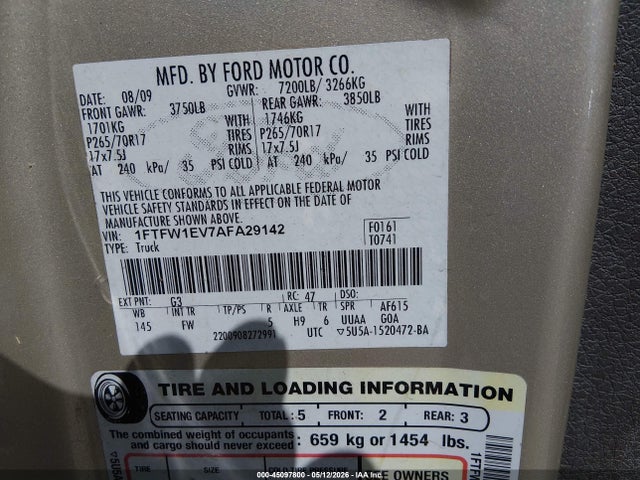 2010 Ford F-150 Fx4/harley-davidson/king Ranch/lariat/platinum/xl/xlt მანქანა იყიდება აუქციონზე, vin: 1FTFW1EV7AFA29142, აუქციონის ნომერი: 45097800