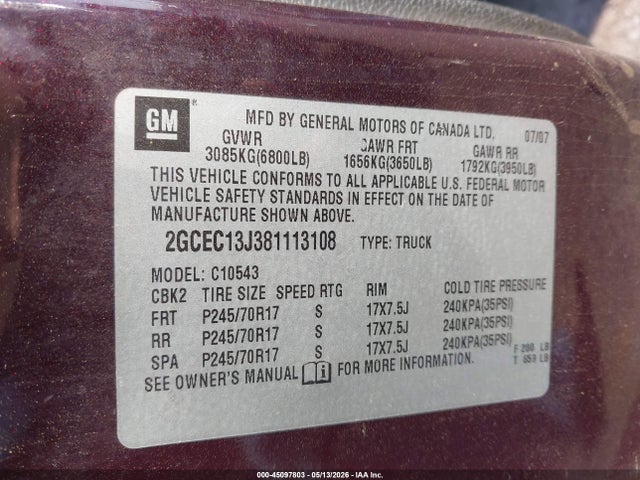 Aukcja sprzedaży 2008 Chevrolet Silverado 1500 Lt1, vin: 2GCEC13J381113108, numer aukcji: 45097803