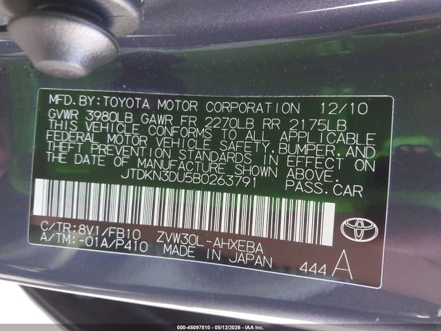 Aukcja sprzedaży 2011 Toyota Prius Two, vin: JTDKN3DU5B0263791, numer aukcji: 45097810
