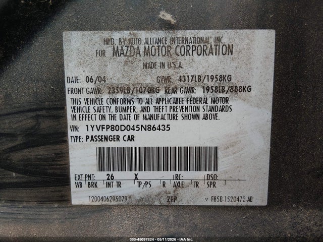 45097824 :رقم المزاد ، 1YVFP80D045N86435 vin ، 2004 Mazda Mazda6 S مزاد بيع