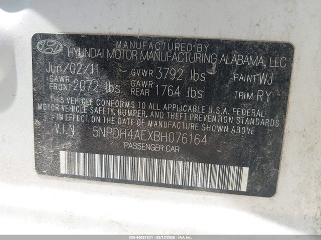 Aukcja sprzedaży 2011 Hyundai Elantra Limited, vin: 5NPDH4AEXBH076164, numer aukcji: 45097831