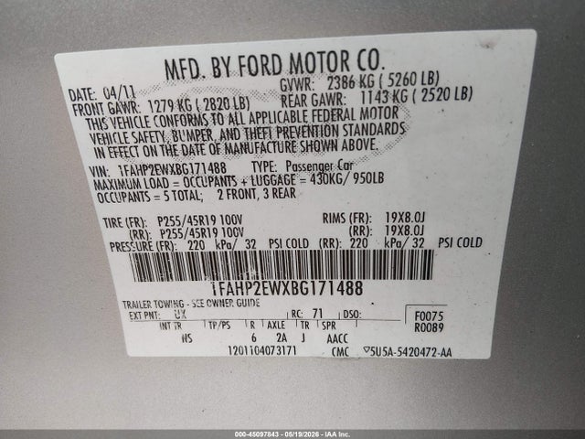 Aukcja sprzedaży 2011 Ford Taurus Sel, vin: 1FAHP2EWXBG171488, numer aukcji: 45097843