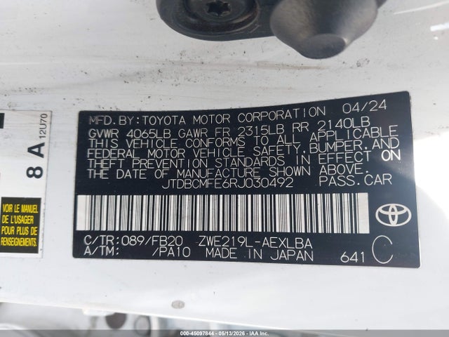 Auction sale of the 2024 Toyota Corolla Hybrid Le, vin: JTDBCMFE6RJ030492, lot number: 45097844