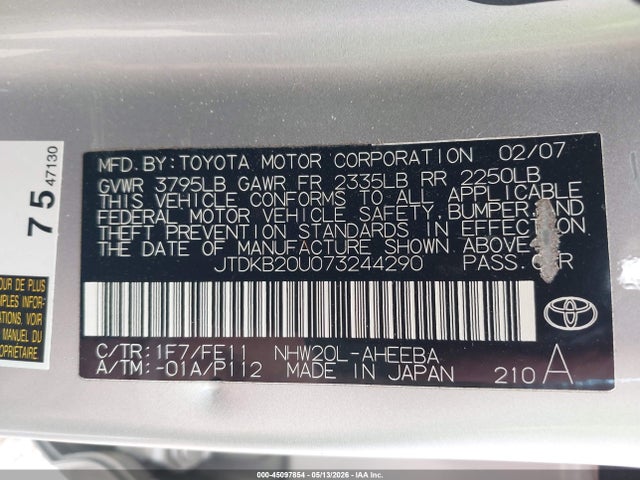 Продажа на аукционе авто 2007 Toyota Prius, vin: JTDKB20U073244290, номер лота: 45097854