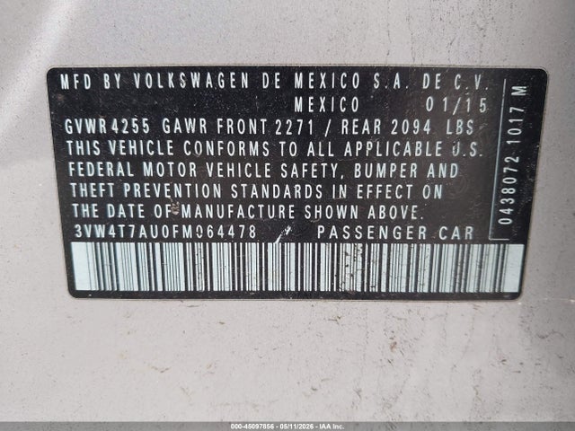 2015 Volkswagen Golf Gti 2.0t S 4-door მანქანა იყიდება აუქციონზე, vin: 3VW4T7AU0FM064478, აუქციონის ნომერი: 45097856