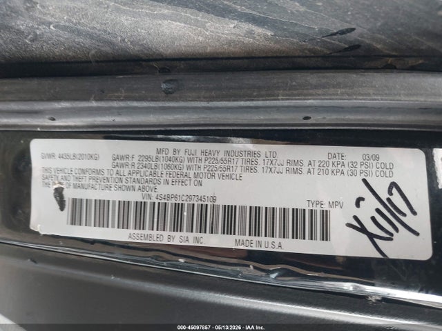 Продажа на аукционе авто 2009 Subaru Outback 2.5i, vin: 4S4BP61C297345109, номер лота: 45097857