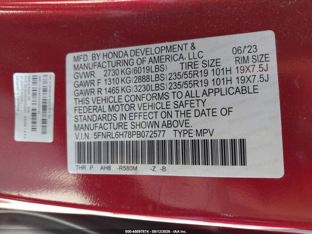5FNRL6H78PB072577 Honda Odyssey Sport