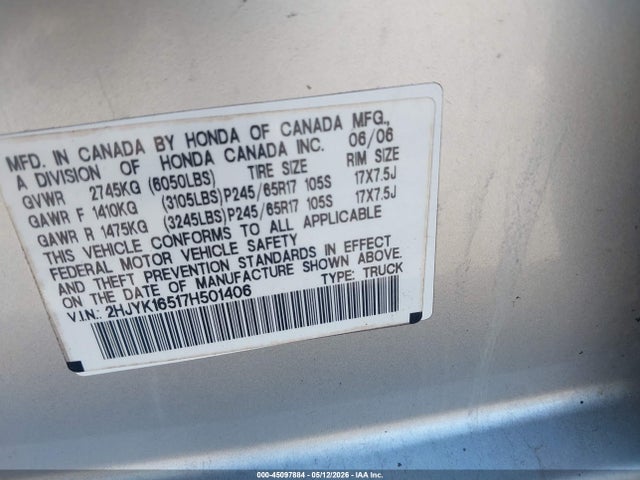 Продажа на аукционе авто 2007 Honda Ridgeline Rtl, vin: 2HJYK16517H501406, номер лота: 45097884