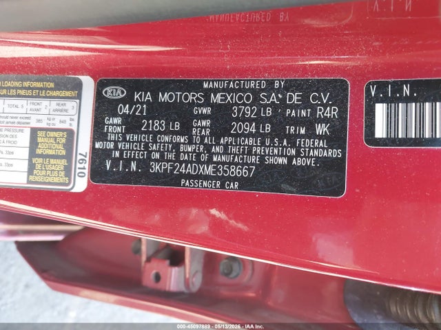 Продажа на аукционе авто 2021 Kia Forte Lxs, vin: 3KPF24ADXME358667, номер лота: 45097889