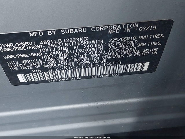 Продаж на аукціоні авто 2019 Subaru Forester Limited, vin: JF2SKASC6KH526459, номер лоту: 45097898