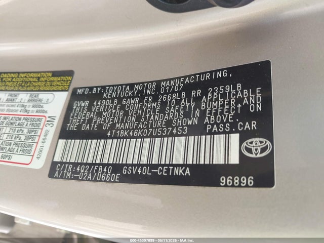 Aukcja sprzedaży 2007 Toyota Camry Le V6, vin: 4T1BK46K07U537453, numer aukcji: 45097899