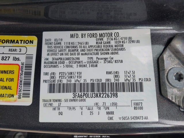Ford Fusion Hybrid Se 2019 3FA6P0LU3KR226398 Image 9