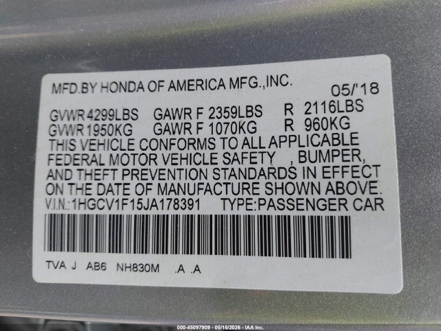 Продаж на аукціоні авто 2018 Honda Accord Lx, vin: 1HGCV1F15JA178391, номер лоту: 45097909