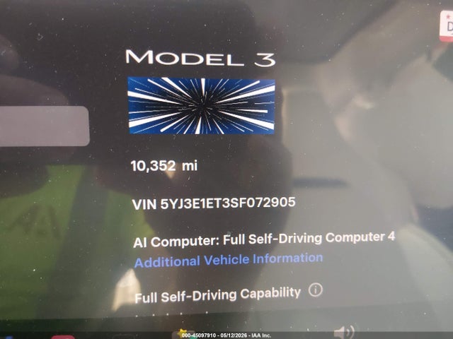 45097910 :رقم المزاد ، 5YJ3E1ET3SF072905 vin ، 2025 Tesla Model 3 Performance All-wheel Drive مزاد بيع