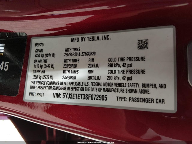 45097910 :رقم المزاد ، 5YJ3E1ET3SF072905 vin ، 2025 Tesla Model 3 Performance All-wheel Drive مزاد بيع