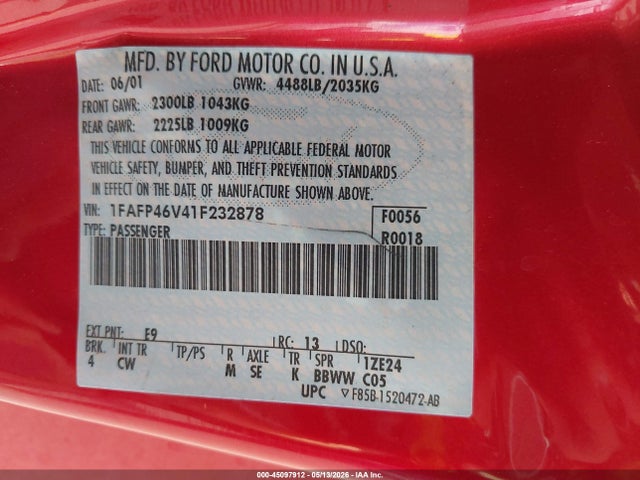 45097912 :رقم المزاد ، 1FAFP46V41F232878 vin ، 2001 Ford Mustang Cobra مزاد بيع