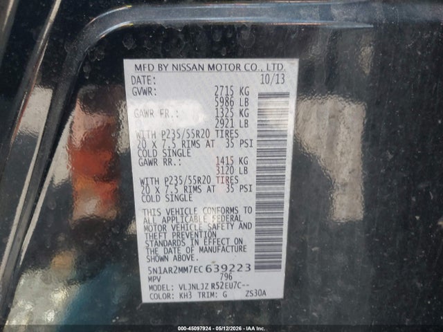 Продажа на аукционе авто 2014 Nissan Pathfinder Platinum, vin: 5N1AR2MM7EC639223, номер лота: 45097924
