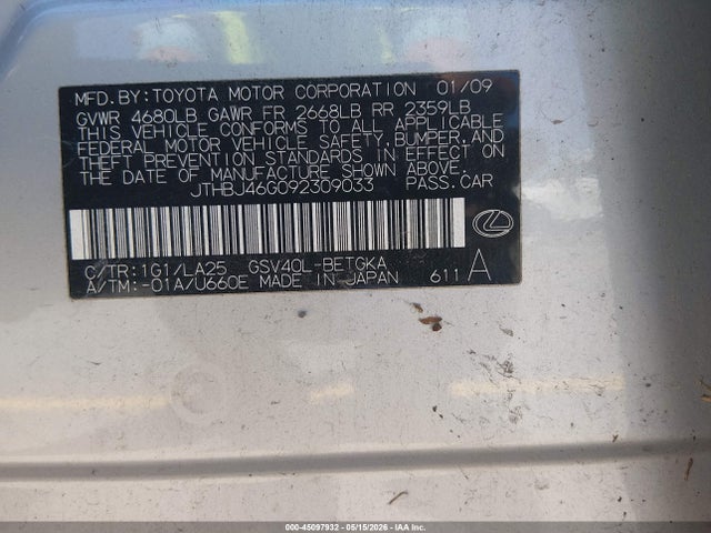 2009 Lexus Es 350 მანქანა იყიდება აუქციონზე, vin: JTHBJ46G092309033, აუქციონის ნომერი: 45097932
