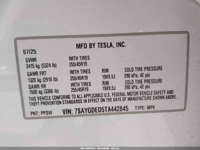 45097933 :رقم المزاد ، 7SAYGDED5TA442845 vin ، 2026 Tesla Model Y Premium Rear-wheel Drive/rear-wheel Drive مزاد بيع