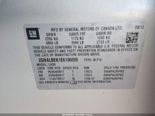 Продажа на аукционе авто 2014 Chevrolet Equinox 1lt, vin: 2GNALBEK1E6106688, номер лота: 45097935